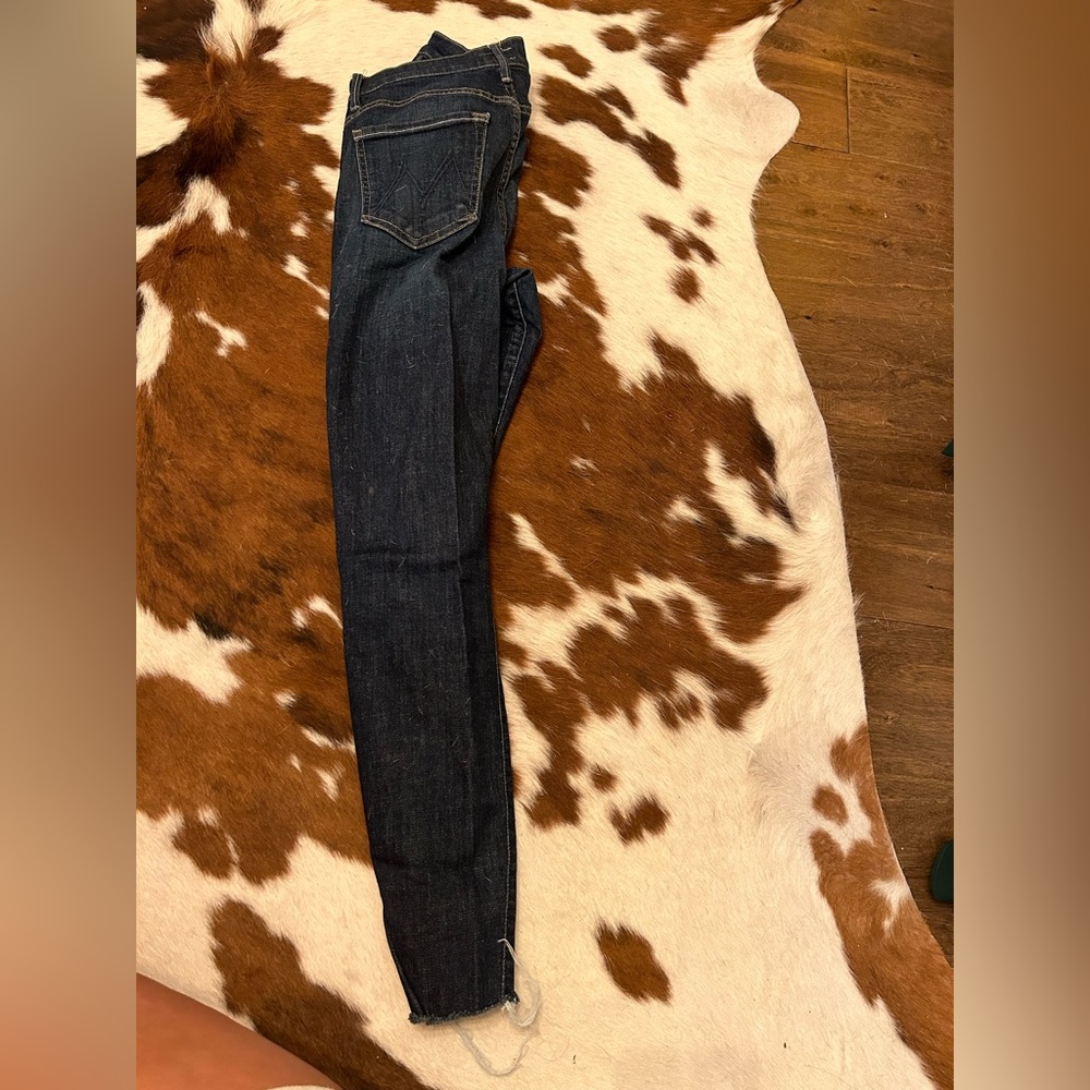 Mother denim dark wash with black fabric stripes down the side
